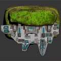 3D Model Of Rock Structure With Green Mossy Surface Red Blue White Building And Platforms