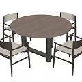 Modern Round Dining Table Set with Four Dark Frame Chairs Light Colored Seats Wooden Tabletop