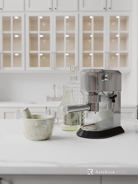 Elegant Modern Open Concept Kitchen Interior With Coffee Machine Marble Mortar And White Cabinets 3d model