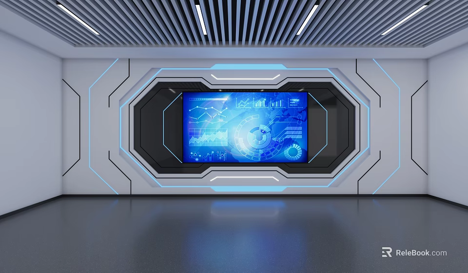 Futuristic Tech Room Interior With Large Digital Screen And Blue Interface 3d model 