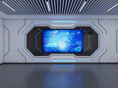 Futuristic Tech Room Interior With Large Digital Screen And Blue Interface 3d model