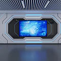 Futuristic Tech Room Interior With Large Digital Screen And Blue Interface