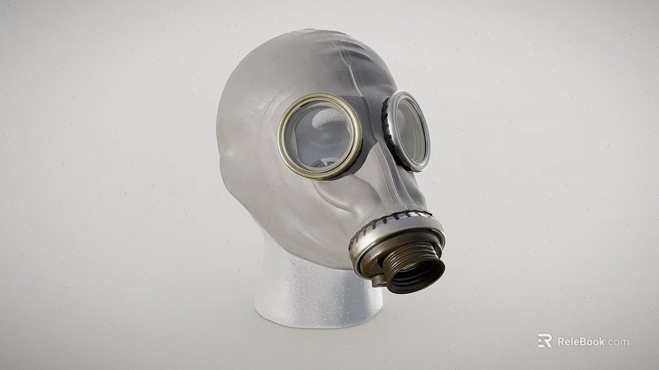 Gray Gas Mask With Round Glass Lenses And Metal Filter On Mannequin Head 3d model 