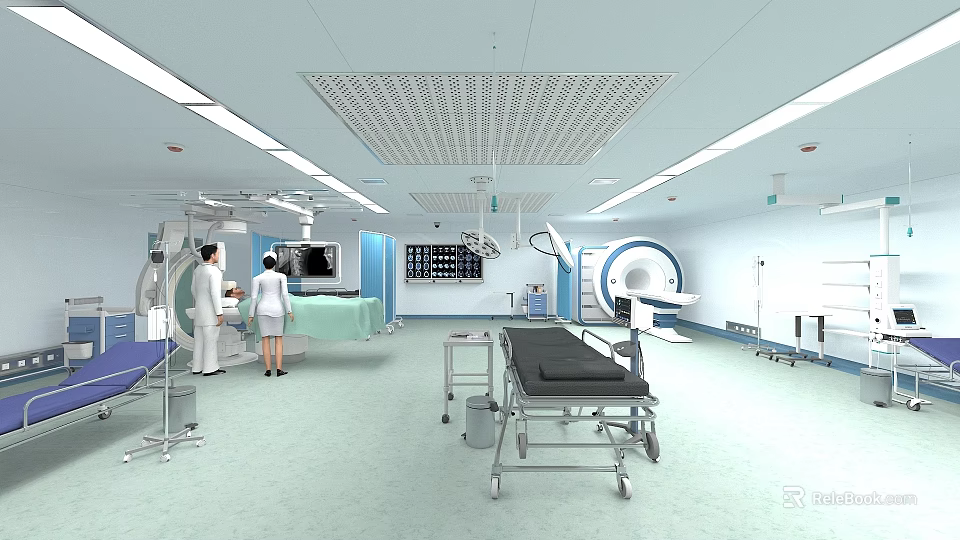 Medical Equipment In Modern Operating Room Featuring Surgical Table X Ray Machine Operating Lamps Doctors And Nurses 3d model 