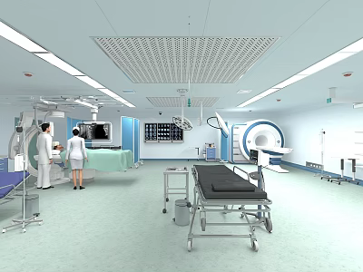 Medical Equipment In Modern Operating Room Featuring Surgical Table X Ray Machine Operating Lamps Doctors And Nurses 3d model