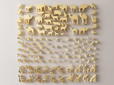 Golden Wall Decor With Various Animal Silhouettes Arranged On White Background 3d model