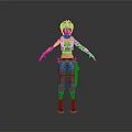 Game And Movie Character With Purple Hair Red Tank Top Camouflage Pants And Arm Guards