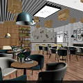 Modern Café Interior With Wooden Ceiling Pendant Lights Green Plants And Cozy Tables