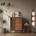 Wooden Entryway Console Cabinet With Decorative Items Potted Plant And Floor Lamp