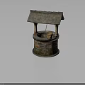 Ancient Well Structure Featuring Brick Stone Base Thatched Roof And Wooden Bucket