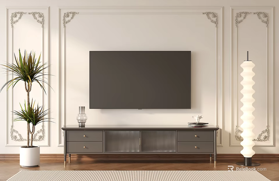 Modern Dark Gray TV Stand With Wall Mounted TV Decorative Plants And Floor Lamp 3d model 