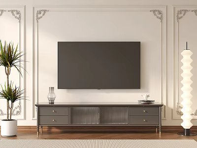 Modern Dark Gray TV Stand With Wall Mounted TV Decorative Plants And Floor Lamp 3d model