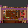 Vibrant Cartoon Tavern Interior With Pink Purple Pillars Wooden Bar Green Stools Ladder And Windows