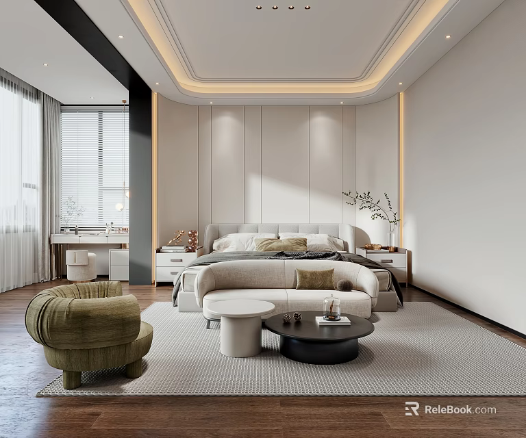 Modern Bedroom Interior Design With Bed Green Armchair Round Coffee Table And Ambient Lighting 3d model 