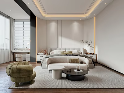 Modern Bedroom Interior Design With Bed Green Armchair Round Coffee Table And Ambient Lighting 3d model