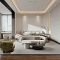 Modern Bedroom Interior Design With Bed Green Armchair Round Coffee Table And Ambient Lighting