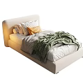 Modern Single Bed with Neutral Upholstered Headboard Decorative Pillows and Green Knitted Throw
