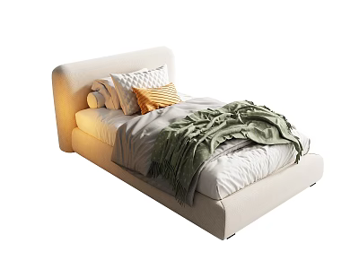 Modern Single Bed with Neutral Upholstered Headboard Decorative Pillows and Green Knitted Throw 3d model