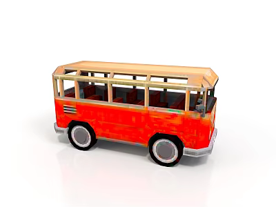 Red Toy Bus With Transparent Windows Wooden Roof And Black Wheels 3d model