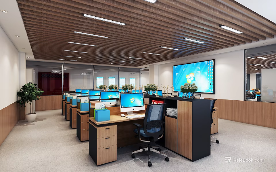 Modern Public Office Space with Workstations Computer Monitors Potted Plants Large Screen Wooden Ceiling Lighting 3d model