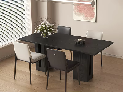 Modern Black Dining Table Set With Black And White Chairs And Flower Vase 3d model