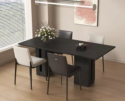Modern Black Dining Table Set With Black And White Chairs And Flower Vase 3d model