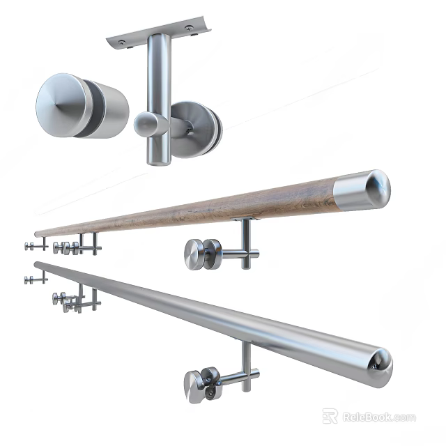 Stainless Steel And Wooden Railings With Mounting Hardware 3d model 