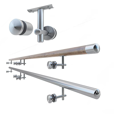 Stainless Steel And Wooden Railings With Mounting Hardware 3d model