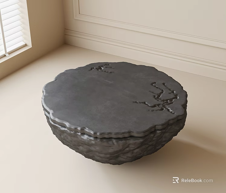 Round Dark Coffee Table With Branch Like Carvings In Light Colored Room With Window 3d model 