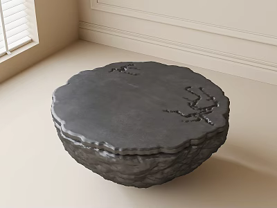 Round Dark Coffee Table With Branch Like Carvings In Light Colored Room With Window 3d model