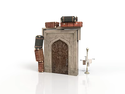 Stone Archway With Carved Wooden Door And Stacked Suitcases Floor Lamp 3d model
