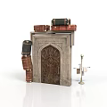 Stone Archway With Carved Wooden Door And Stacked Suitcases Floor Lamp