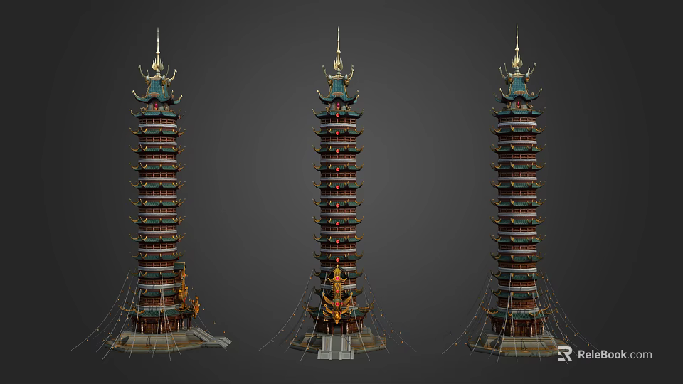 Ornate Multi tiered Pagoda With Blue Gold Details And Decorative Base 3d model 