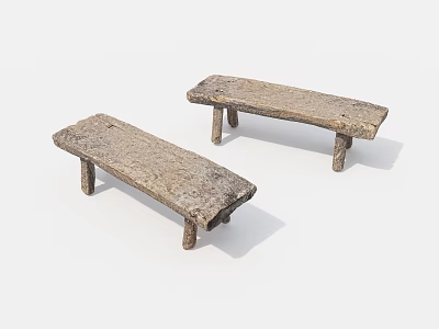Two Long Rough Textured Stone Like Stools With Short Legs And Simple Design 3d model
