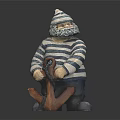 Seafarer Figurine In Striped Outfit With Bearded Face Holding Wooden Anchor Decoration