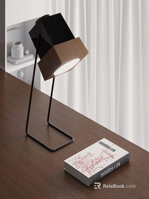 Modern Table Lamp with Wooden Shade Black Metal Stand and Bright Light on Wooden Desk 3d model 