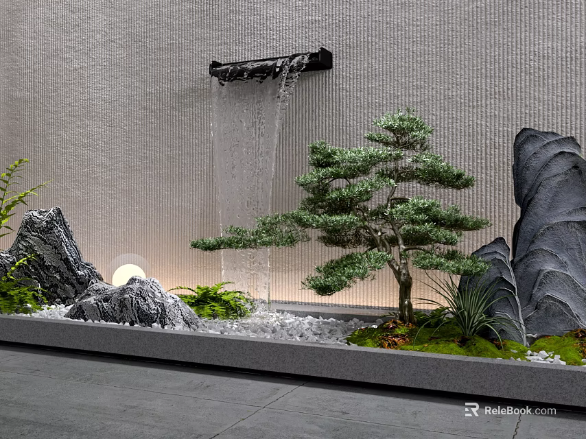 Modern Indoor Landscape With Waterfall Feature Bonsai Pine Tree Rock Formations And Green Plants 3d model 