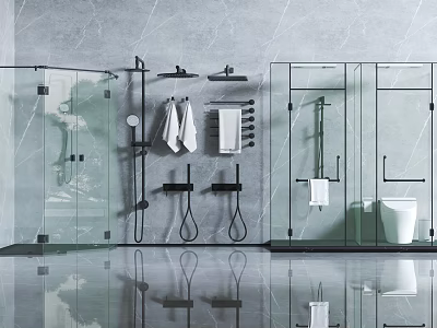 Modern Shower Head Design In Bathroom With Glass Enclosure Gray Marble Wall And Towel Rack 3d model