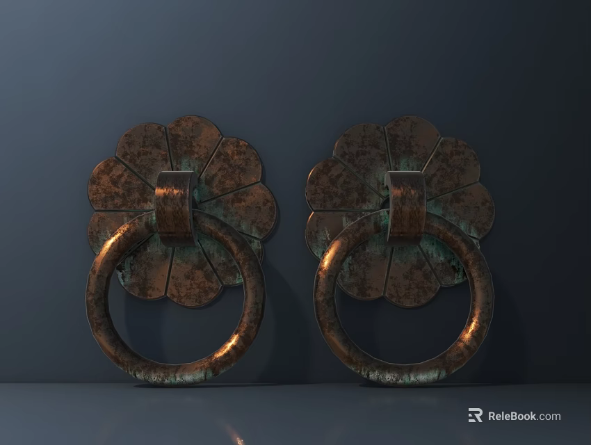 Two Antique Bronze Flower Shaped Door Pull Handles With Circular Rings On Dark Background 3d model 