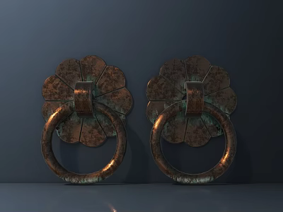 Two Antique Bronze Flower Shaped Door Pull Handles With Circular Rings On Dark Background 3d model