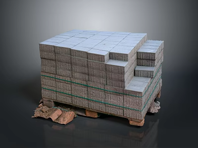 Stacked Gray Bricks Equipment Secured With Green Straps On Wooden Pallets And Broken Cardboard 3d model