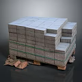 Stacked Gray Bricks Equipment Secured With Green Straps On Wooden Pallets And Broken Cardboard