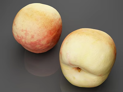 Two fresh peaches with yellowish white and pink blush on gray surface 3d model