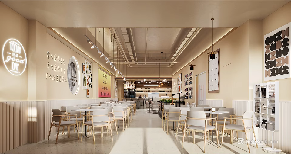 Modern Mall Cafe Interior With Tables Chairs Wall Posters And Hanging Lights 3d model 