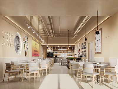 Modern Mall Cafe Interior With Tables Chairs Wall Posters And Hanging Lights 3d model