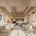 Modern Mall Cafe Interior With Tables Chairs Wall Posters And Hanging Lights 3d model