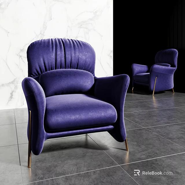 Purple Velvet Lounge Chair with Pleated Backrest Modern Elegant Design and Gold Metal Legs 3d model 