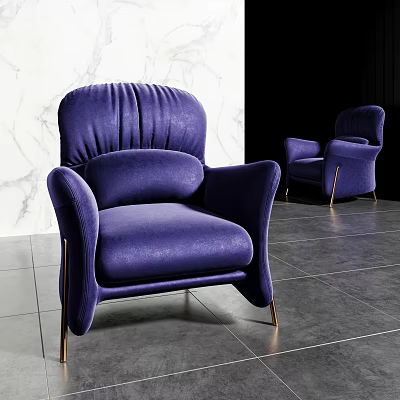 Purple Velvet Lounge Chair with Pleated Backrest Modern Elegant Design and Gold Metal Legs 3d model