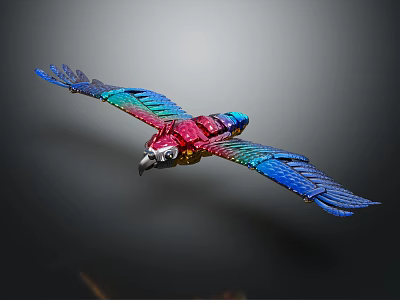 Colorful Metallic Mechanical Bird With Blue Red Green Wings In Flight 3d model