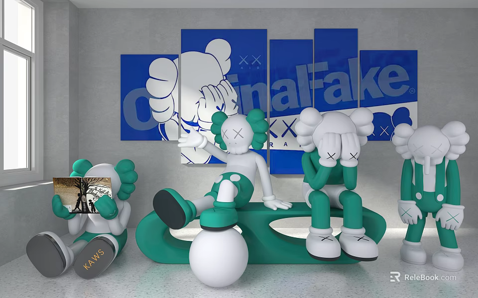 Cartoon Sculpture Carving Featuring White Green Characters In Various Poses With Blue Paintings 3d model 